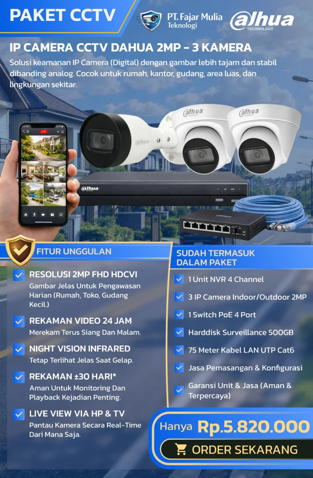 IP Camera CCTV Dahua 2MP – 3 Kamera