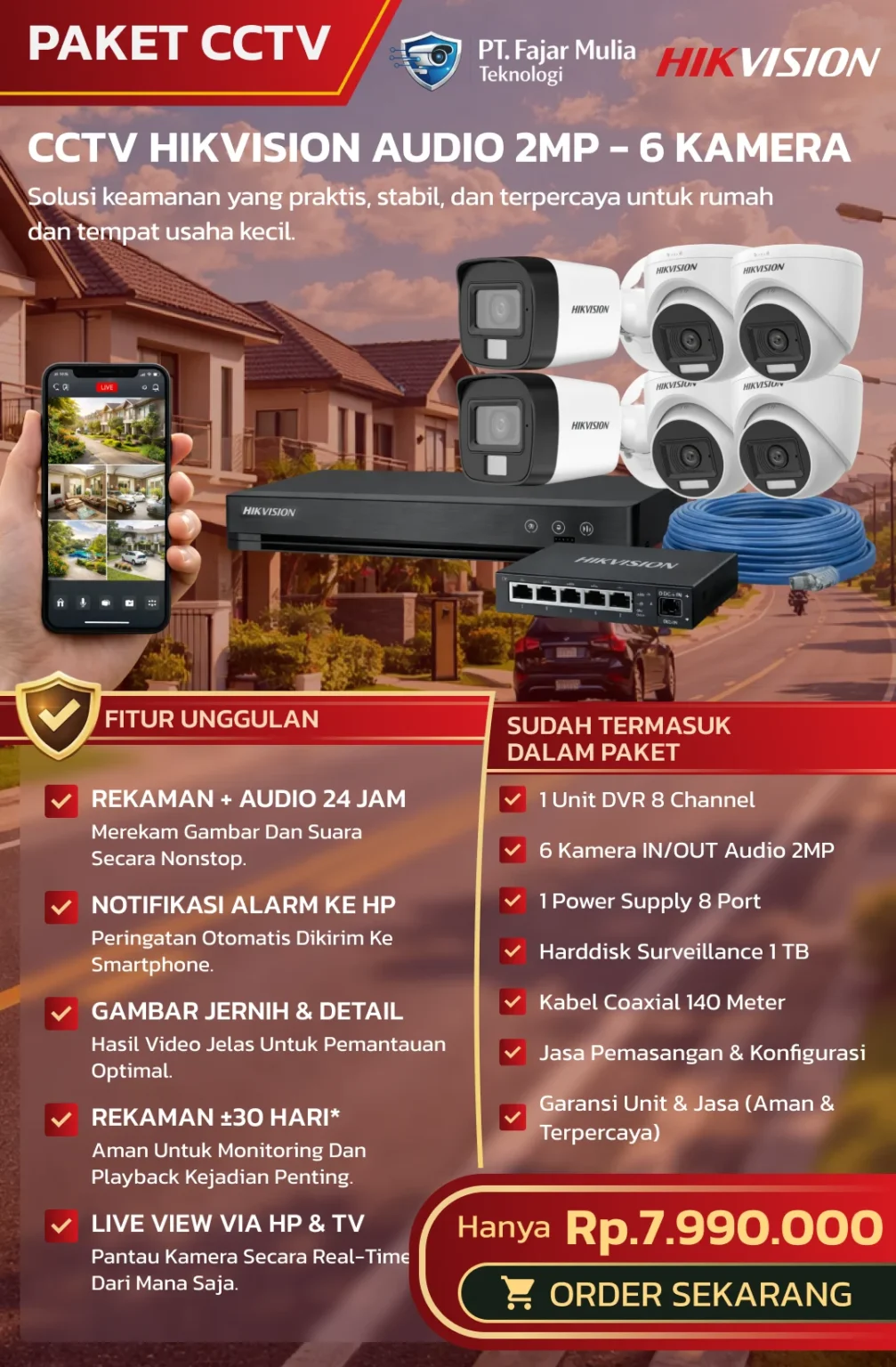 CCTV Hikvision Audio 2MP – 6 Kamera