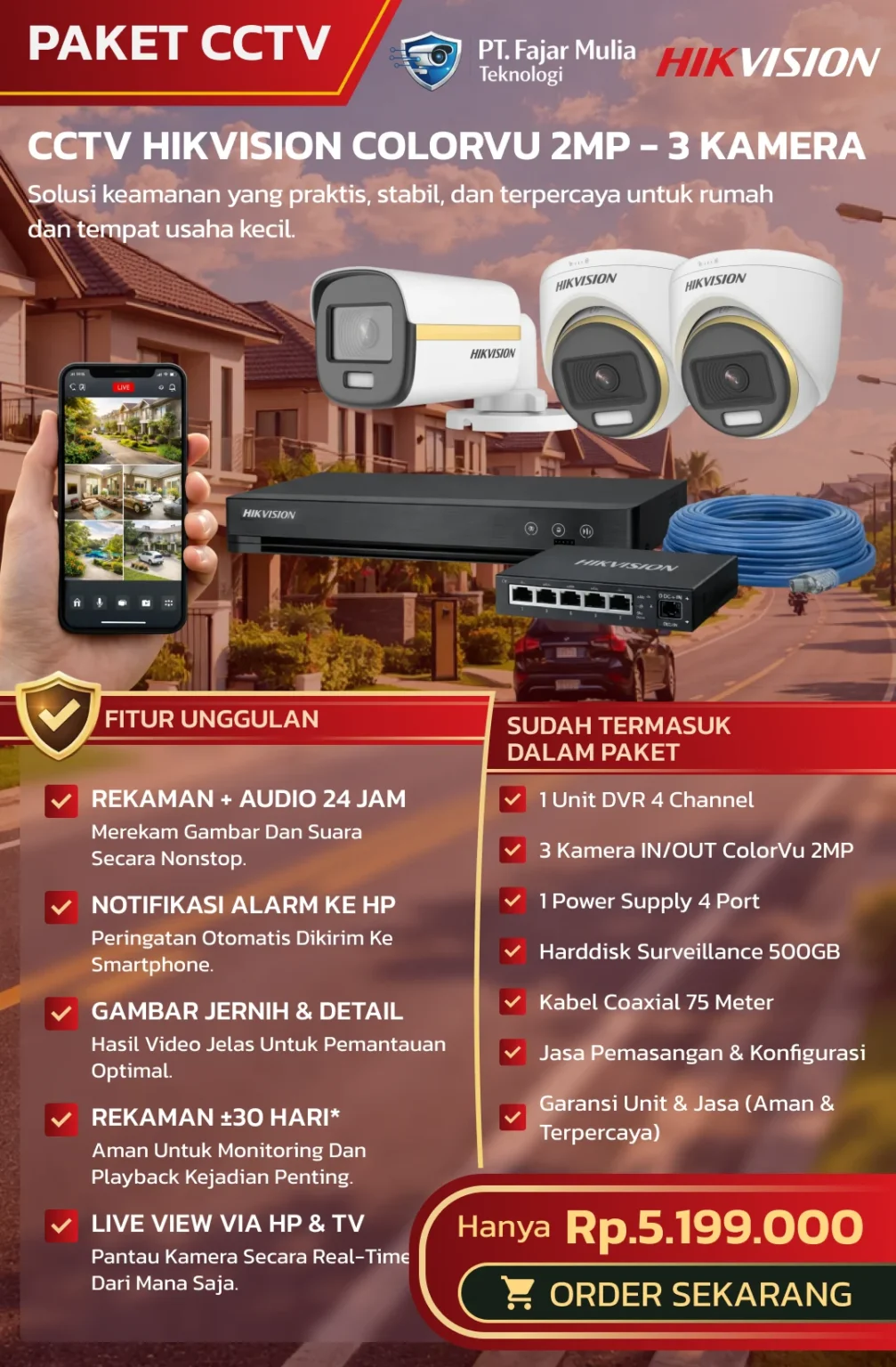 CCTV Hikvision ColorVu 2MP – 3 Kamera