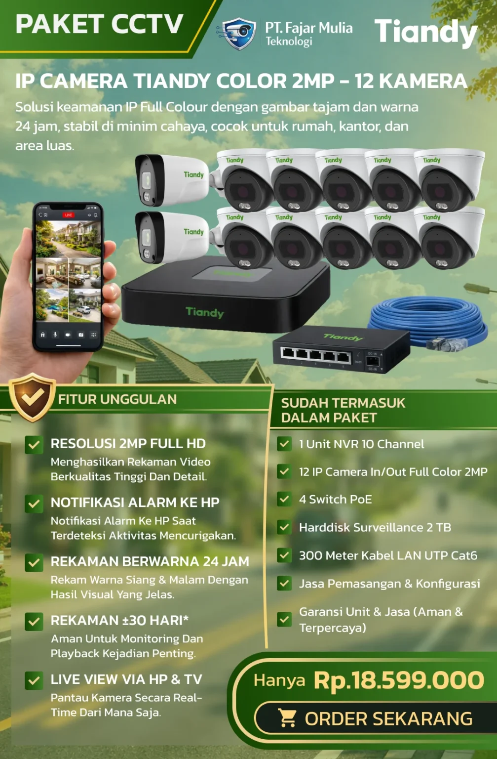 CCTV Tiandy IP Full Color 2MP – 12 Kamera