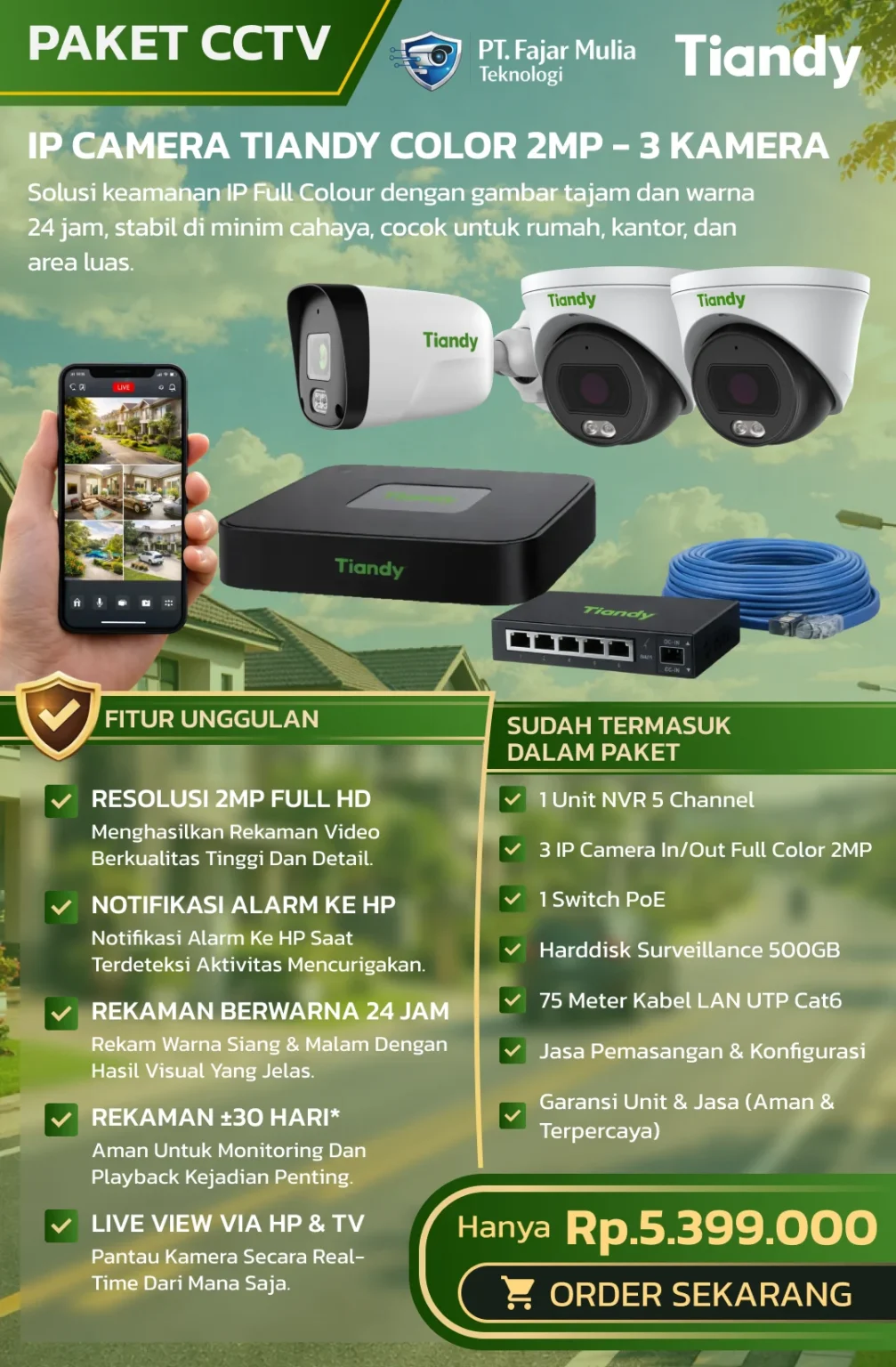 CCTV Tiandy IP Full Color 2MP – 3 Kamera