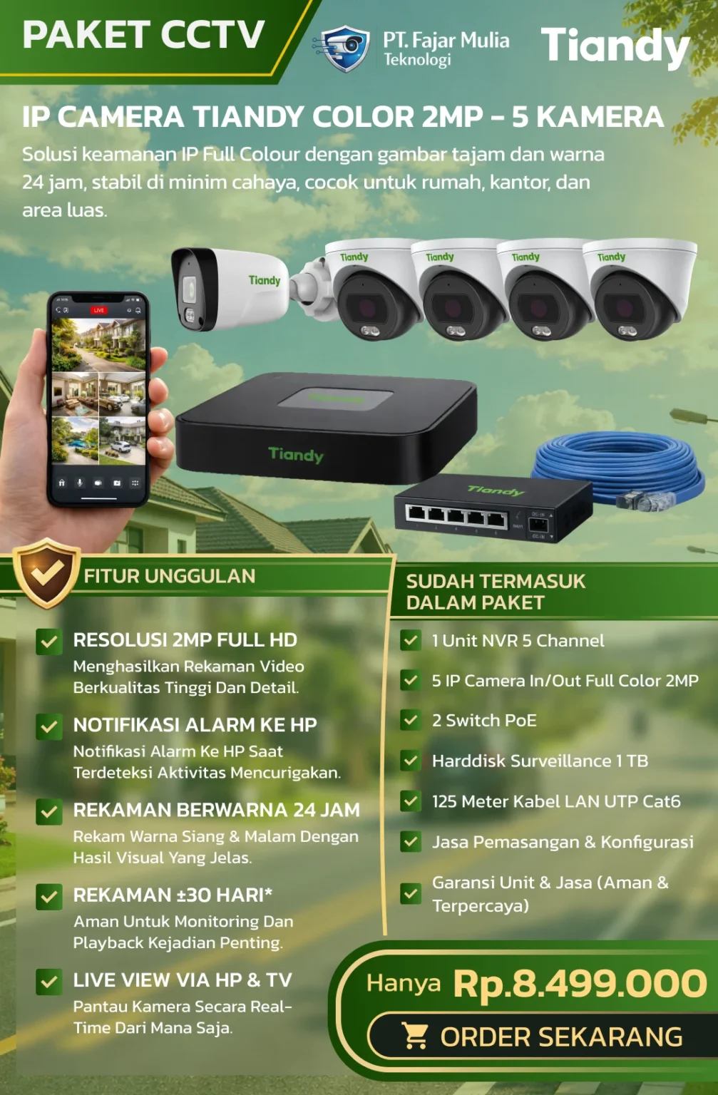 CCTV Tiandy IP Full Color 2MP – 5 Kamera