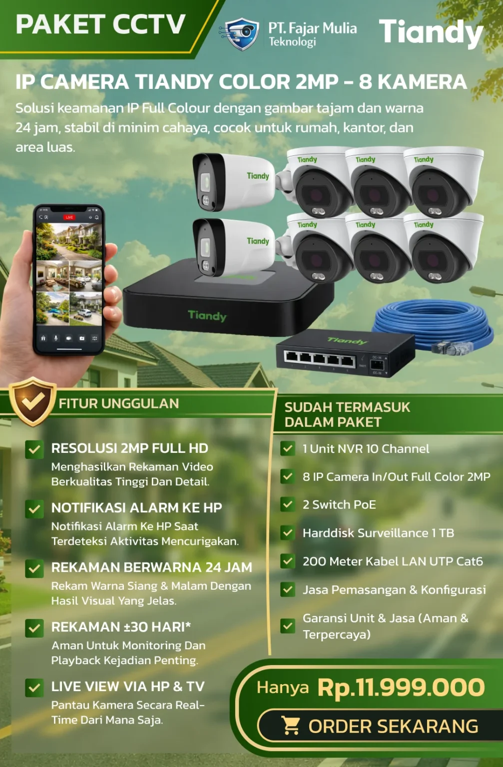 CCTV Tiandy IP Full Color 2MP – 8 Kamera