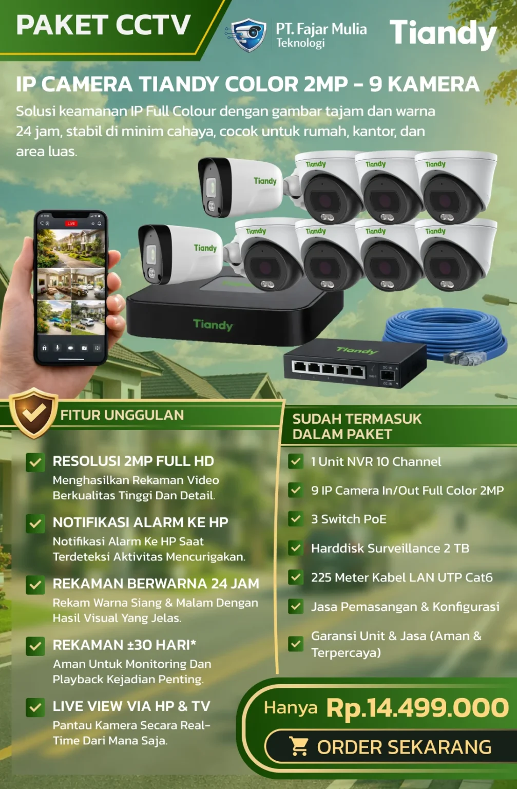CCTV Tiandy IP Full Color 2MP – 9 Kamera